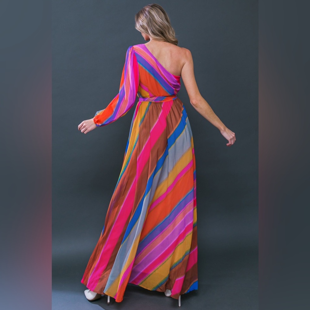 One-Shoulder Multicolor Stripe Maxi Dress - Pink/Orange - Picture 5 of 5